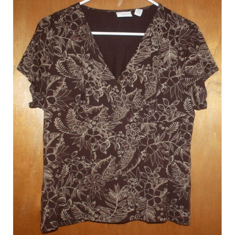 Covington Stretch Cross Over V-Neck SS Top Sz XL (18) Brown Beige Knit GUC
